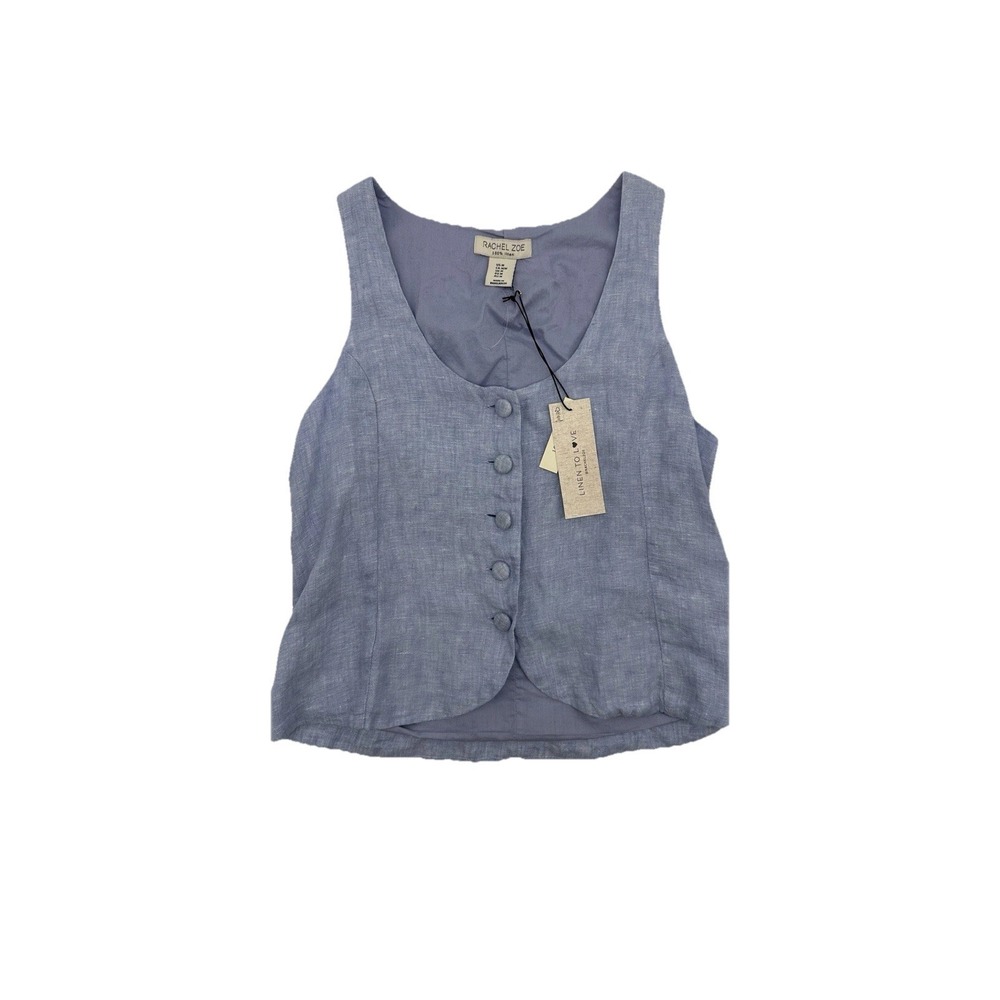 Rachel‎ Zoe Women's Size Medium Blue 100% Linen Button Front Crop Vest Top NWT